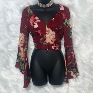 Red Floral Crop Tie Top